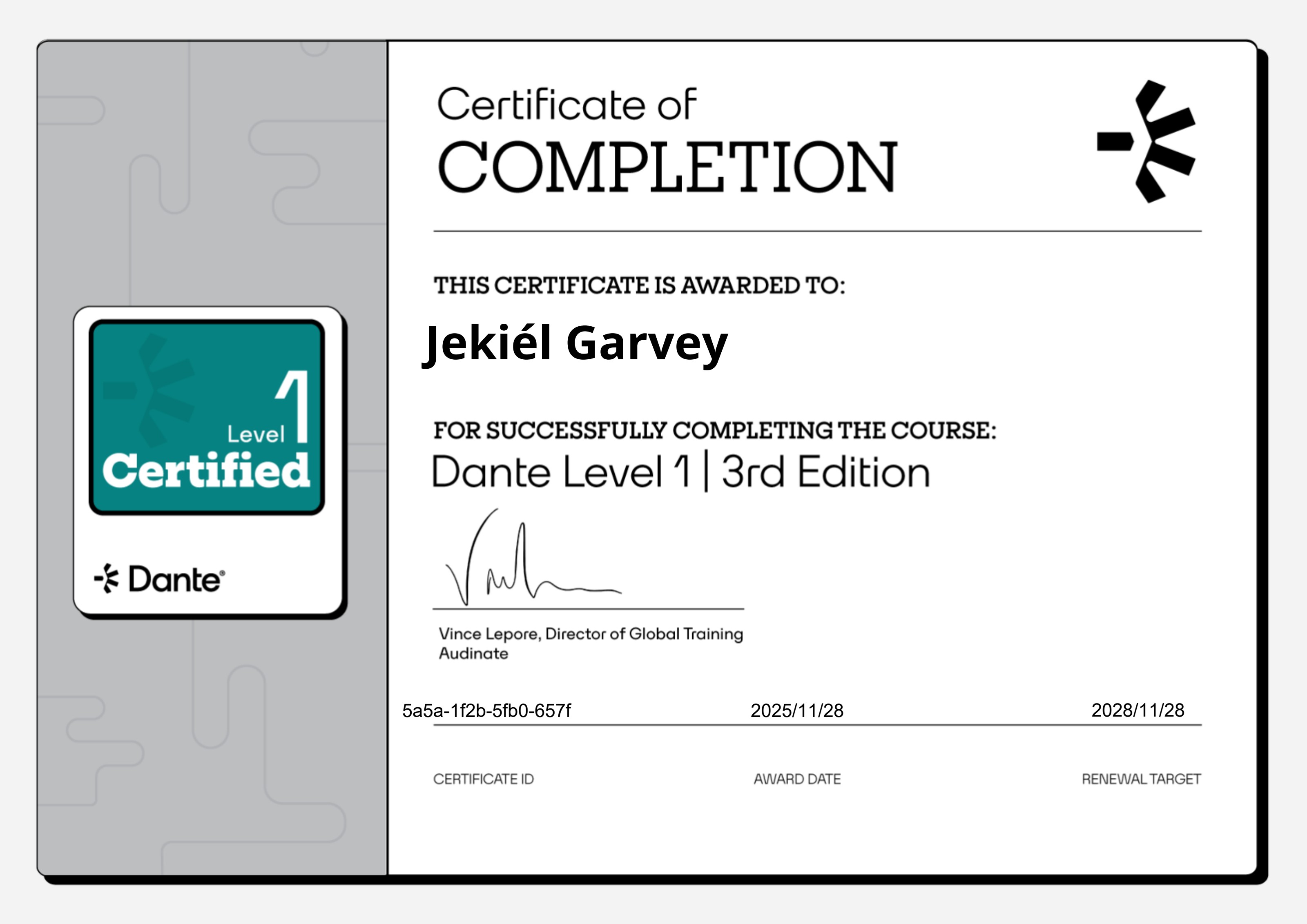 Dante Level 1 — 3rd Edition certificate