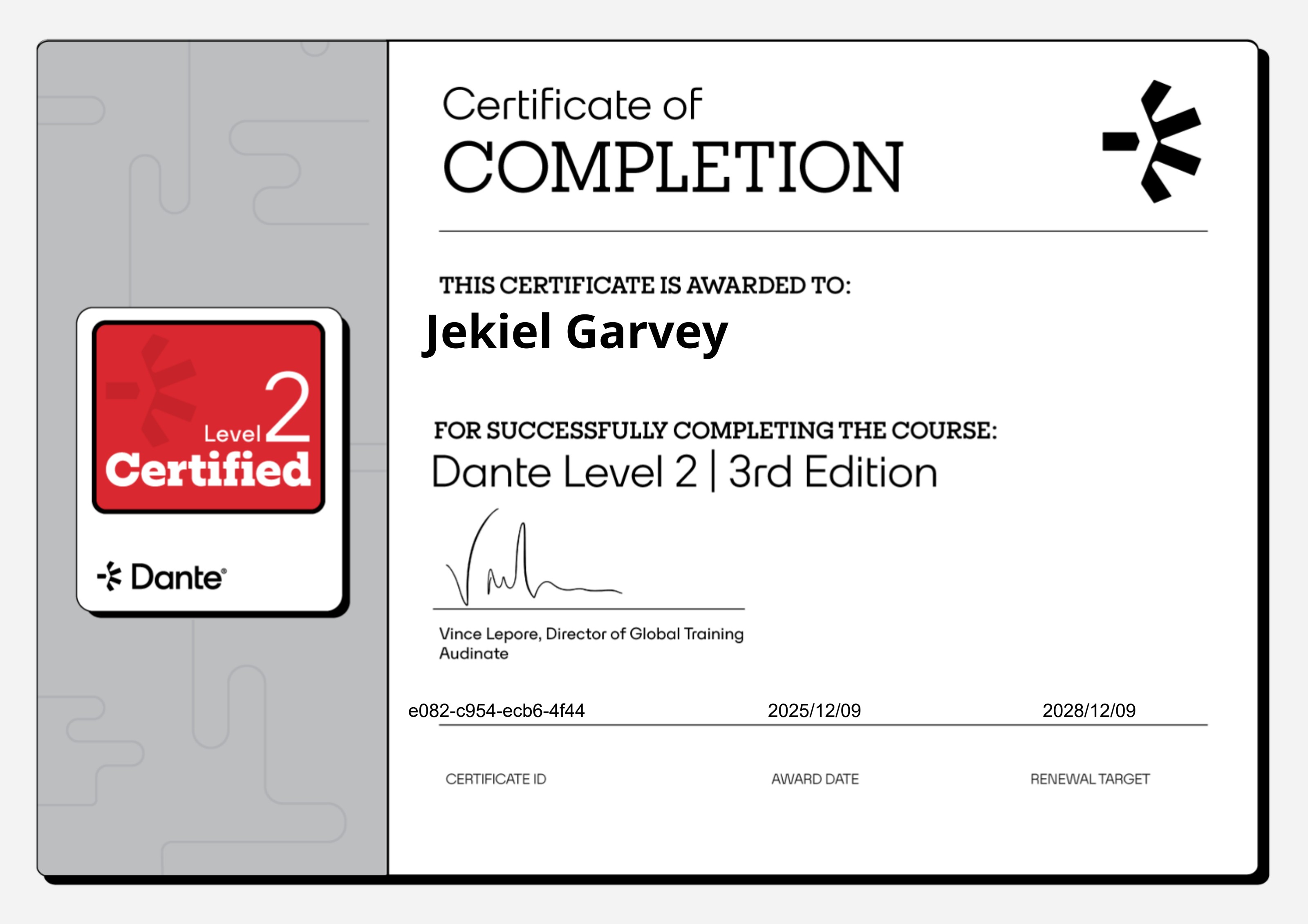 Dante Level 2 — 3rd Edition certificate