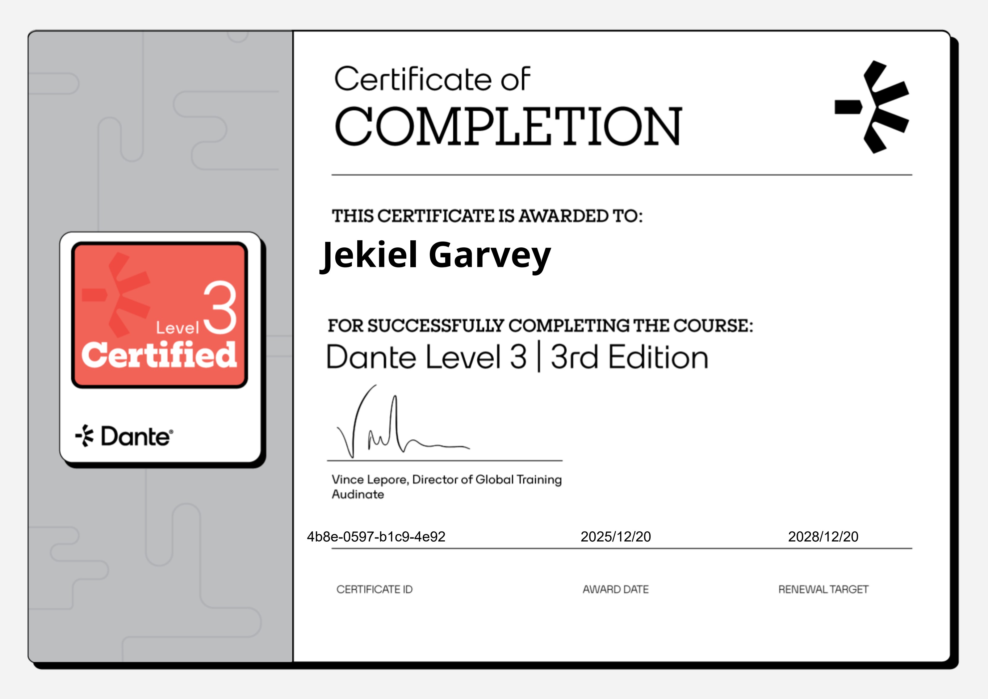 Dante Level 3 — 3rd Edition certificate